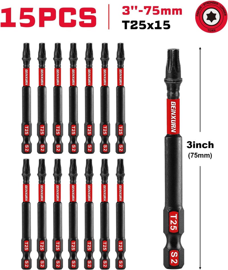 GEINXURN 15Pieces T25 3 In. Impact Tough Magnetic #25 Torx Head Power Bits, S2 Alloy Steel T25 Screwdriver Bits Set - Image 2
